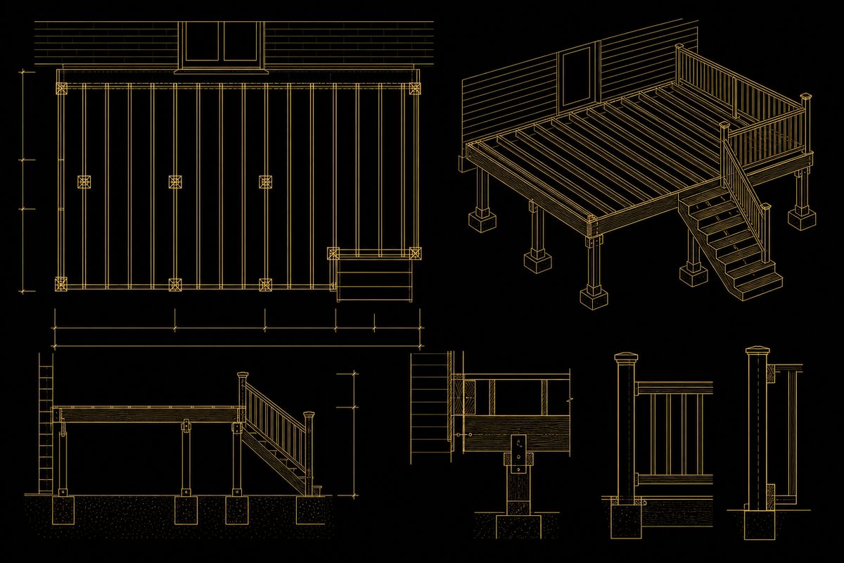 Blueprint-style illustration of a backyard deck's framing, support posts, and railing detail representing deck repair vs. replacement in Holly Springs, NC