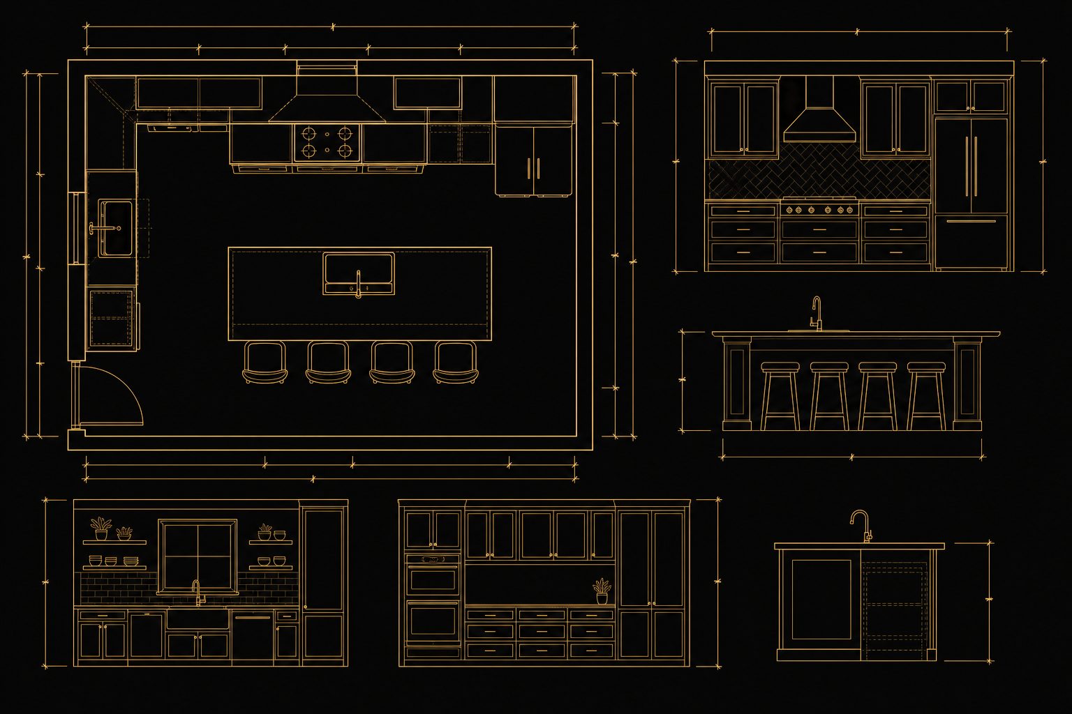 Blueprint-style illustration of a kitchen remodel before selling in Raleigh, NC — gold floor plan line work on a black background