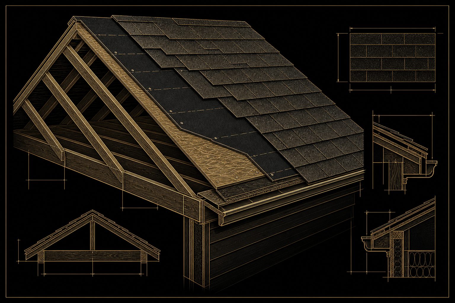 Blueprint-style cross-section of a roof replacement in Cary, NC showing rafters, decking, underlayment and shingle layers