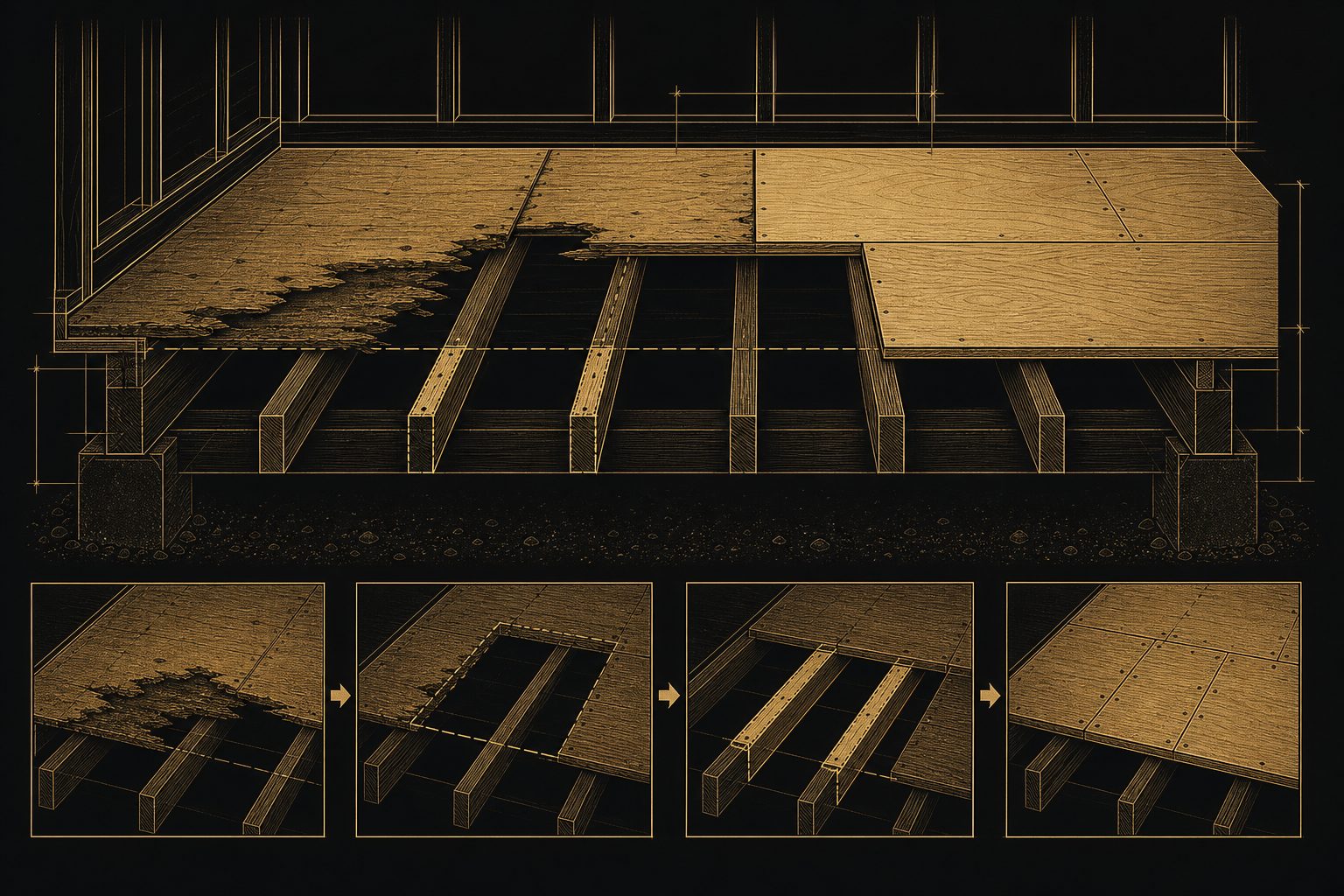 Blueprint-style cross-section of subfloor water damage repair in a Raleigh NC home showing damaged plywood subfloor and floor joists being replaced